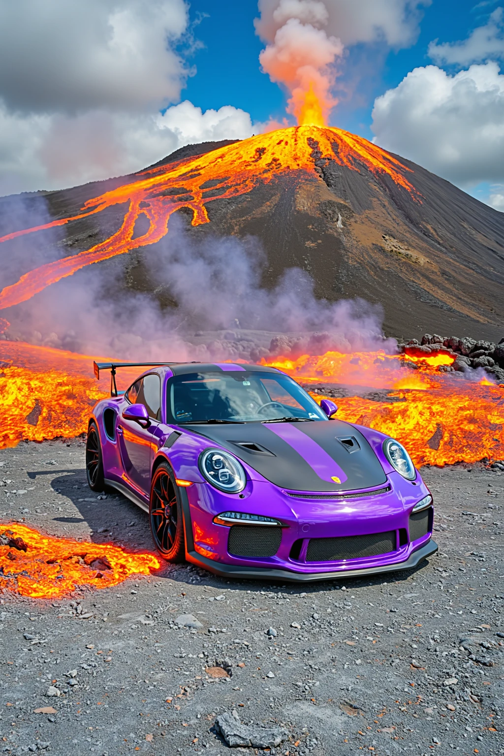 lava flow surrounding a purple sports car, The sports car parks on volcanics, Lava flows on hill side, blue sky, smoke rise from and illuminated by Lava, no humans,
realistic, outdoors, masterpiece, best quality, prize winning photograph，