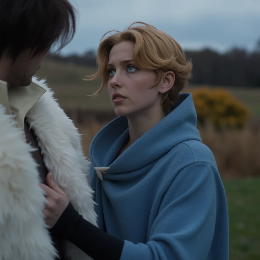 film scene from Denis Villeneuve. Cinematography. moody atmosphere
a gorgeous 25 year old bombshell female Sypha Belnades, sypha,Sypha Belnades,orange hair,short hair,blue robe,autumn, outside,gesturing,casting ice magic, casting ice spell,windy, off white waist wrap, action, blue eyes, alone <lora:sypha_v5:1.2> Sypha is shown in an intimate close-up, her head tilted slightly upward as she looks with a mix of worry and sorrow towards someone off-screen who is holder her up. Her blue robe wraps around her, emphasizing the vulnerability in her expression. The framing focuses on her emotional state, capturing the glistening tears in her eyes. The lighting is subdued, with shadows playing across her face and the fur stole of the figure next to her, enhancing the tension and emotional gravity of the moment.