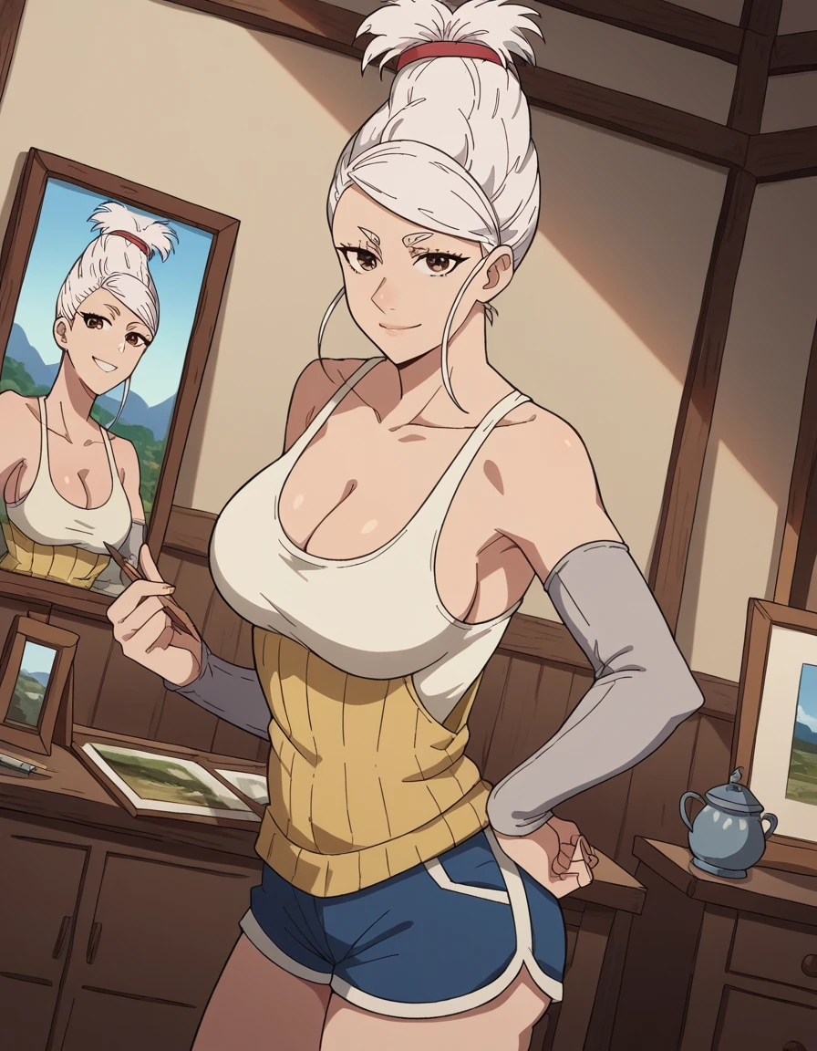 score_9, score_8_up, score_7_up, source_anime, <lora:seiko-ayase-alpha-ponyxl-lora-nochekaiser:1>, seiko ayase, long hair, large breasts, white hair, brown eyes,, cleavage, detached sleeves, shorts, tank top,, museum, art exhibit, paintings, observing, quiet contemplation, cultural experience, smile, from side, looking at viewer, solo,, dutch angle, cowboy shot