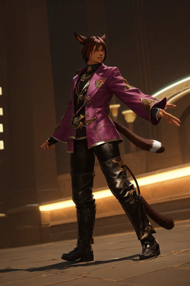 f4c32-miq0, solo, 1boy, male focus, tail, animal ears, jacket, cat ears, pants, cat tail, lying, mithra (ff11), gloves, dark skin, fingerless gloves, brown hair, outstretched arms, short hair, closed eyes, spread arms, on back, dark-skinned male, cinematic lighting, cinematic angle, best quality, masterpiece