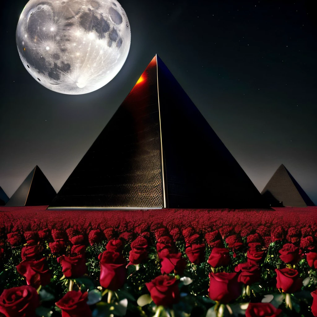 masterpiece, intricate photo, field of roses, black pyramid with shiny sleek sides, background moon wasteland, hyper realistic, highly detailed, sharp focus, high resolution, best quality, colorful, cozy outdoor lighting, 8K <lora:BlackPyramid:1>