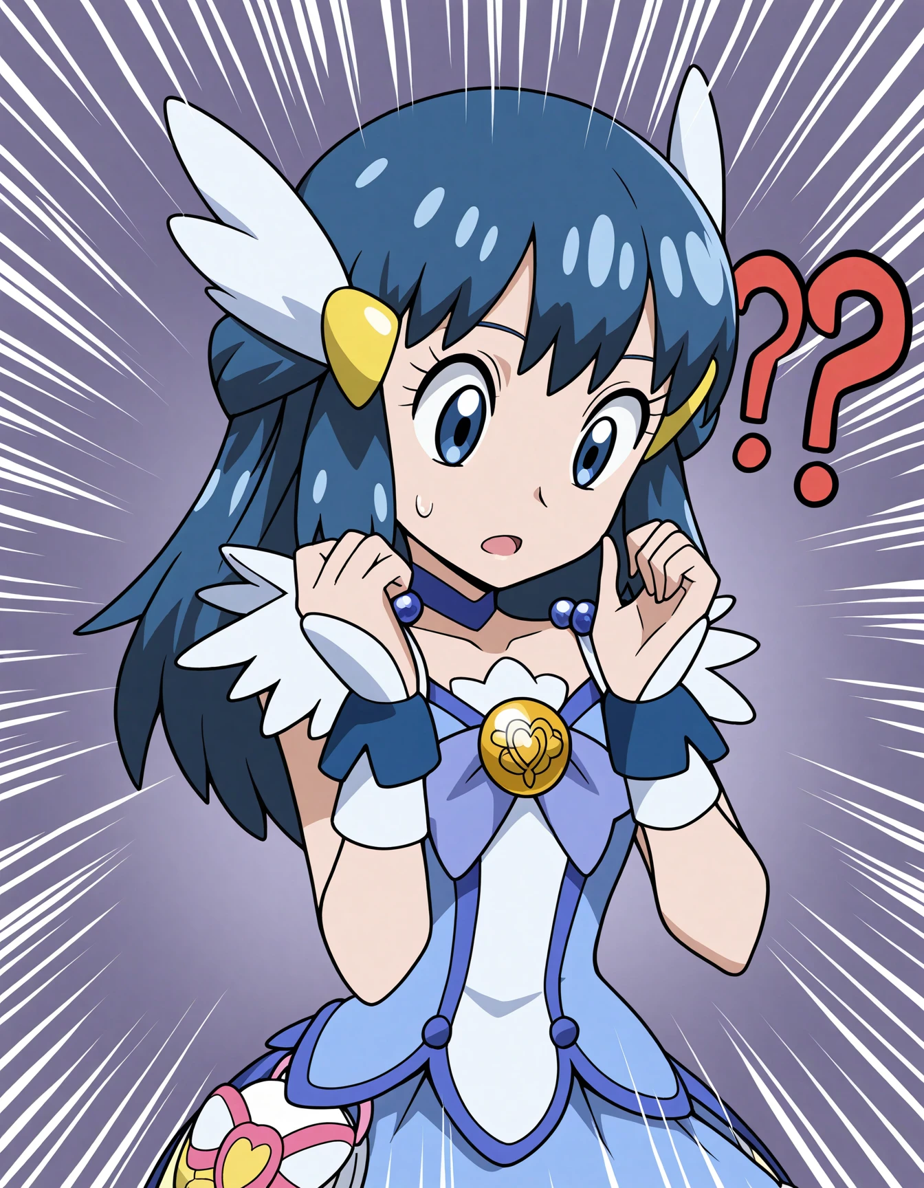 (sugimori ken \(style\):0.3),
<lora:Hyper8:0.5> 1girl, solo, 
cure beauty \(cosplay\),
dawn \(pokemon\), pokemon, blue hair, blue eyes, ??, confused, surprised,looking down, hands up, emphasis lines,, masterpiece, best quality, amazing quality, very aesthetic, absurdres