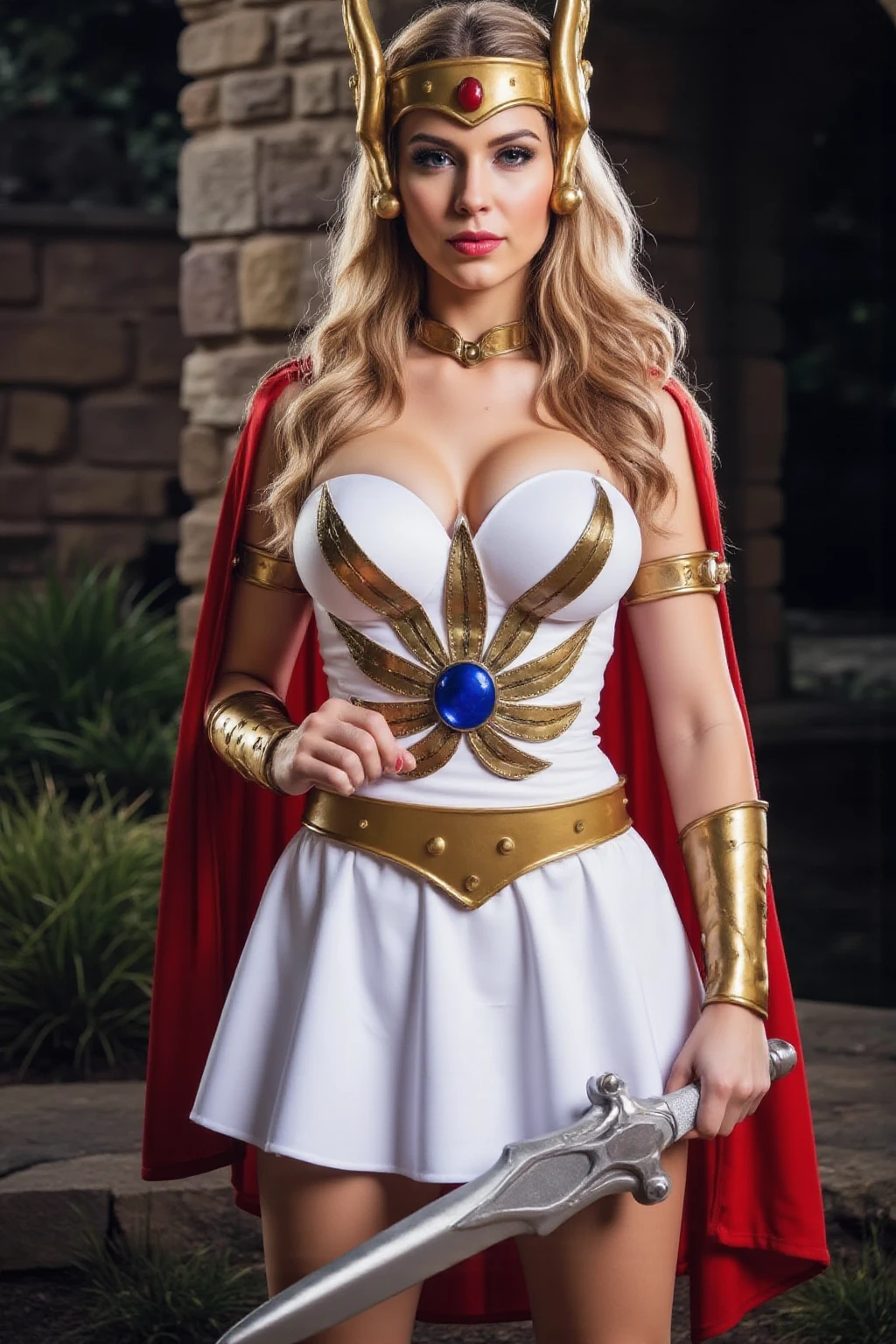 Award winning photo of Woman wearing a white She-Ra costume, adorned with golden pieces, with a red cape, holding a sword, She has platinium blonde, full,very long blowing hair. In front of a medieval fantasy castle with dark, mossy stone walls. Cinematic lighting, awardwining photo.