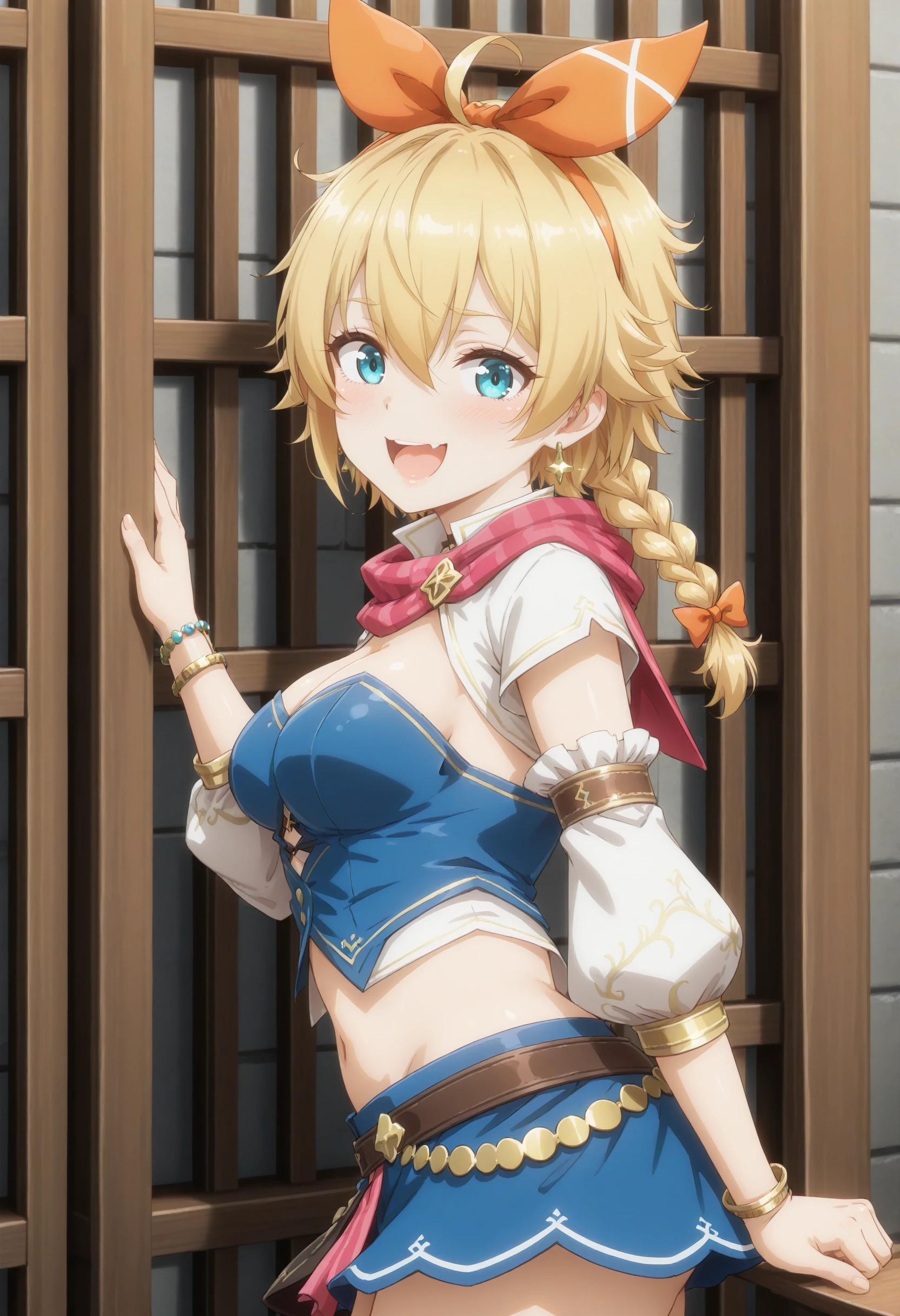 1girl, city thief, romancing saga 2, solo,
masterpiece,best quality,absurdres,detailed skin,anime colored,anime screencap,official art,
blonde hair,hair between eyes,single braid, braided ponytail, bangs, blue eyes, medium breasts, <lora:citythief_XL_v1:0.7>
hairband, hair bow, red bow,earrings, ahoge,
detached sleeves,  crop top, short sleeves, strapless, scarf,
from side, cowboy shot, looking at viewer, crazy smile, in bars, open mouth,