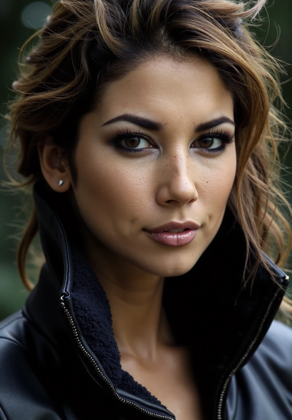 A professional photograph of a young woman, Leilani_Dowding, modelling a jacket for a fashion magazine, striking makeup, wild hair, smouldering look with a closed mouth, detailed skin, bokeh, SFW<lora:Leilani_Dowding-000013:1>