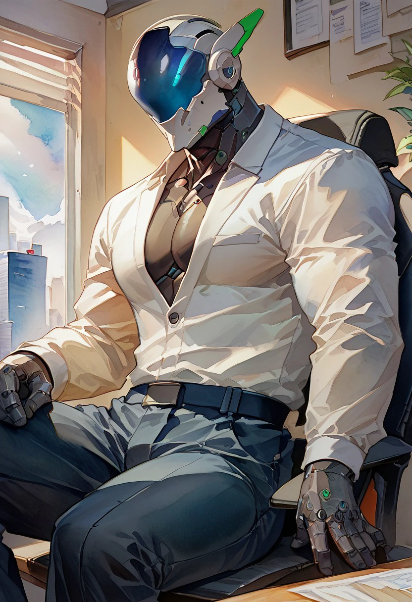 sollyz, by sollyz,score_9, score_8_up, score_7_up,solo,male focus,sp_mecha,topless,mecha,(helmet:0.9),bara,wearing suits,Blazer,white shirt,futuristic,office,sitting,game cg,wallpaper,watercolor \(medium\), traditional media,close up,view from below