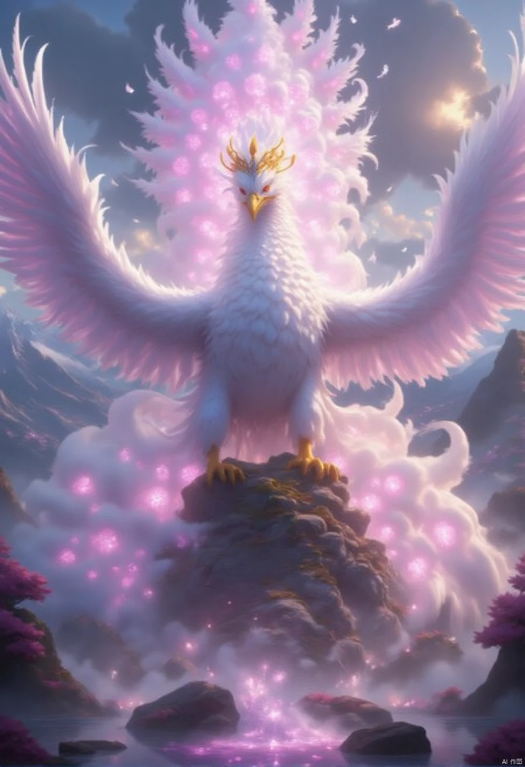 Mythical beasts,a white peacock is perched on a rock formation,its wings spread wide open. The peacock's feathers are a vibrant shade of pink,adding a pop of color to the scene. The bird's head is adorned with a bright yellow crown