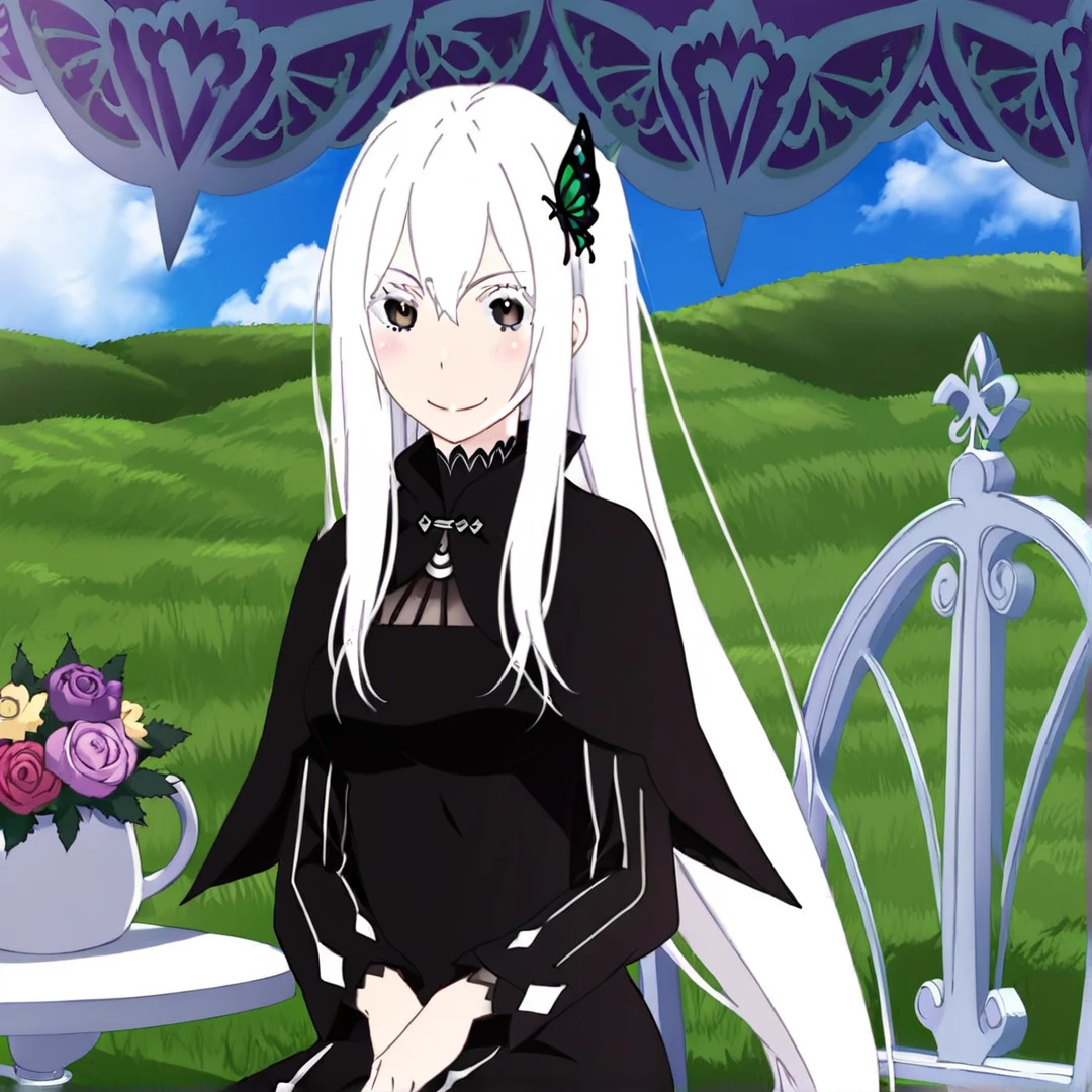 <lora:Echidna:1>, echidna, barely-exposed skin, was porcelain-like and pure white, her black eyes, shone with intellect, her long straight white hair, reached down to her back, and it also had a jade green butterfly hairpin, her slender body, appeared as though it was in its mid-twenties, her figure was usually wrapped in black clothing, in a village, in a forest