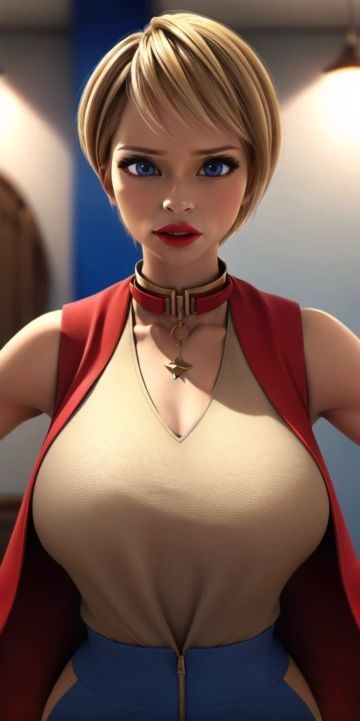 Hyperrealistic, photorealistic, super detailed, expressive blue eyes, (red sleeveless vest with collar), (three gold stars and two jagged gold lines on the front on collar), (blue suit under sleeveless vest), (red long cloak), bluish-black eyeshadow, short blonde hair styled into a pixie cut, red lipstick, body like in real life, large pores, fair skin, tall, beautiful arms, medium breasts, unreal engine, octane render, droped shadow, bokeh, cinematic lighting, <lora:add_detail:0.5>, <lora:Volumetric_lighting:0.6>, Olympia Hill, Majestia, , <lora:ef3c87e9-93c9-4668-9f53-9504c7787c8a:0.7>