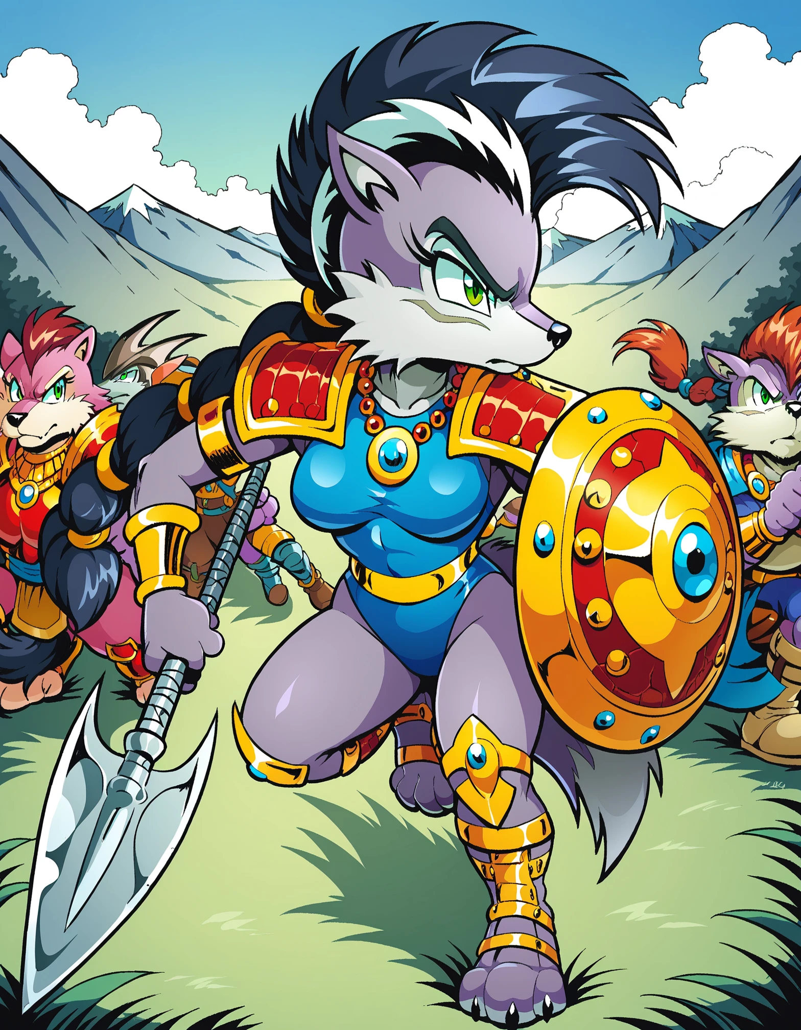 score_9, score_8_up, <lora:Lupe_the_wolf_r1:0.8>, Lupe the wolf, 1girl, anthro wolf, green eyes, black hair, holding, animal ears, animal nose, jewelry, green eyes, weapon, multiple boys, holding weapon, armor, leotard, 3boys, polearm, furry, shield, spear, mountain, furry female, blue leotard, holding polearm, animal nose, snout, armor, mohawk, long hair, ponytail, angry, head ornament, necklace, gold footwear, purple body fur, armlet, braided ponytail, shoulder armor, lean forward,