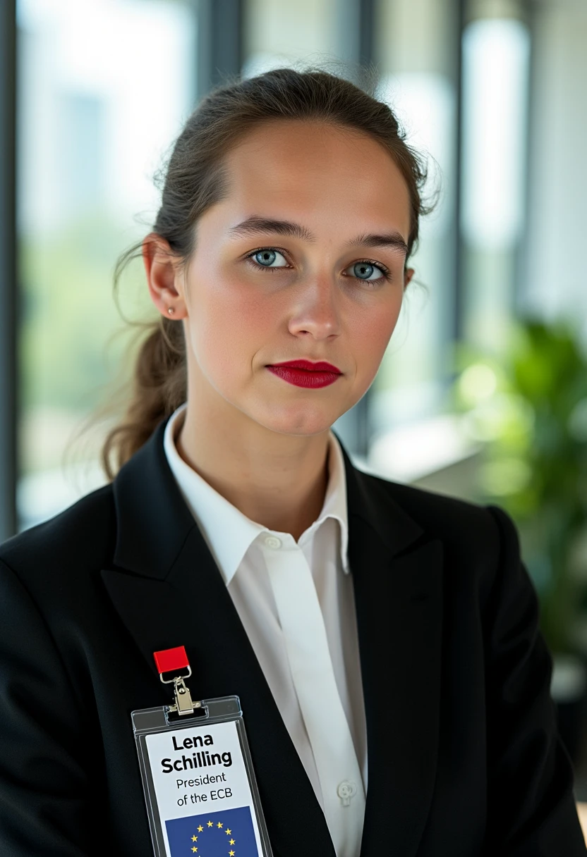 A portrait photo of lenaschilling, a woman. She is looking straight at the viewer with a serious expression on her face. She is wearing red lipstick. Her eyebrows are drawn down. Her mouth is closed and her lips are pressed together. She is wearing a professional white shirt and a black business suit. A simple ID badge with black bold text name "Lena Schilling" and smaller title "President of the ECB" next to a small flag of the European Union is clipped to the suit jacket. The background is blurry and shows a modern office with house plants. Sunlight is shining through large windows.