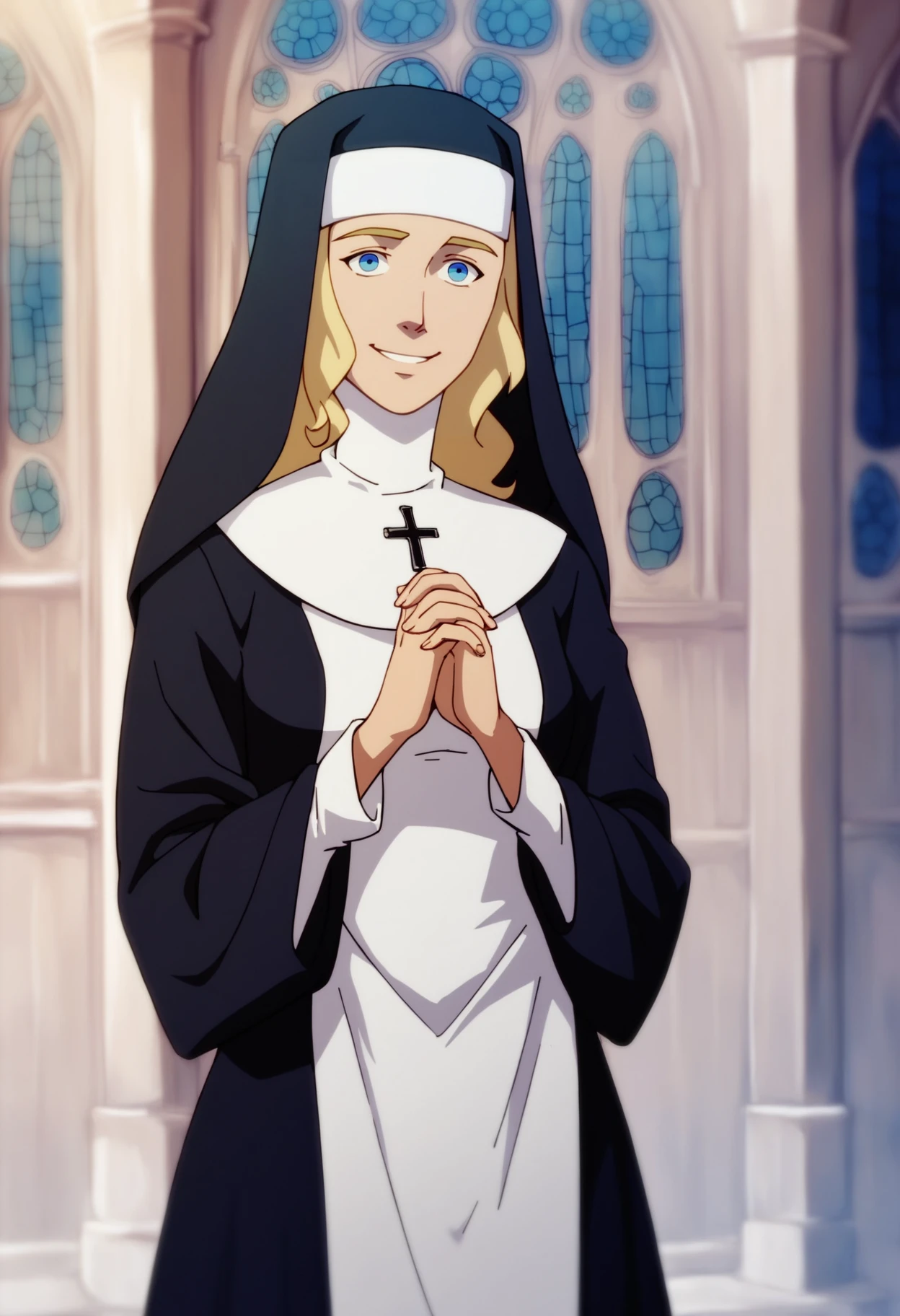 score_9, score_8_up, score_7_up, score_6_up, score_5_up, score_4_up, BREAK,
1girl, blonde hair, blue eyes,  long hair, nun, boots, dress, hat, robe,
upper body, warm smile, looking at viewer, solo, standing, church background   <lora:FantasyWesternAnimation_YoungJusticeDCAMU_v2:1>