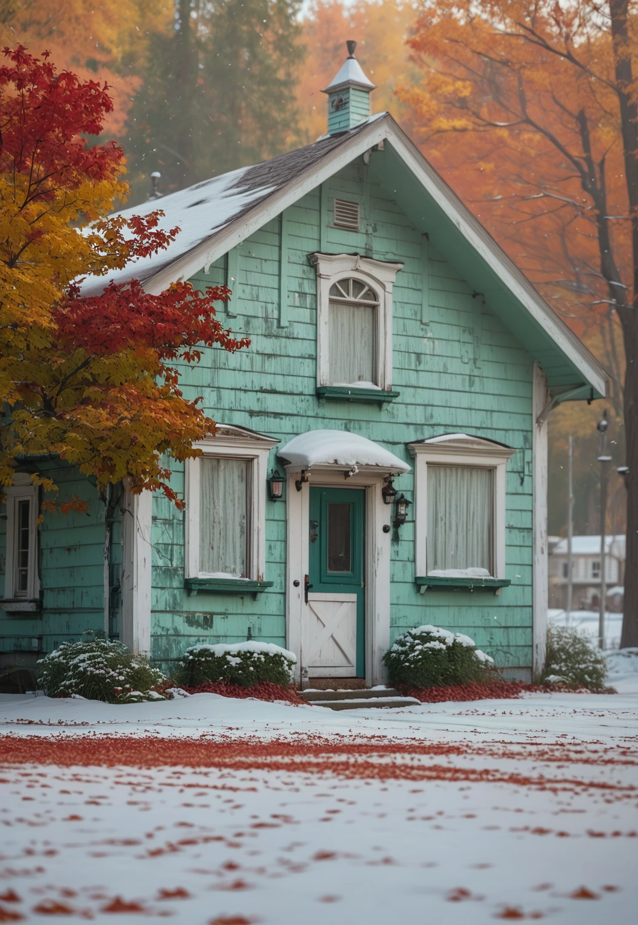 m1dw3st, Depict a charming (white painted house:1.3) with (green trimming:1.2) on a cozy (urban street:1.1), surrounded by (colorful autumn leaves:1.4) scattered on the lawn. A classic (1972 Ford Futura:1.3) is parked on the grass, with (small dabs of snow:1.2) hinting at the season. Highlight the (extreme detail:1.5) in the house's features and the nostalgic atmosphere, inspired by the works of (Andrew Wyeth:1.4) and (David Hockney:1.3), score_9, score_8_up, score_7_up, score_6_up, score_5_up, score_5_up, score_4_up