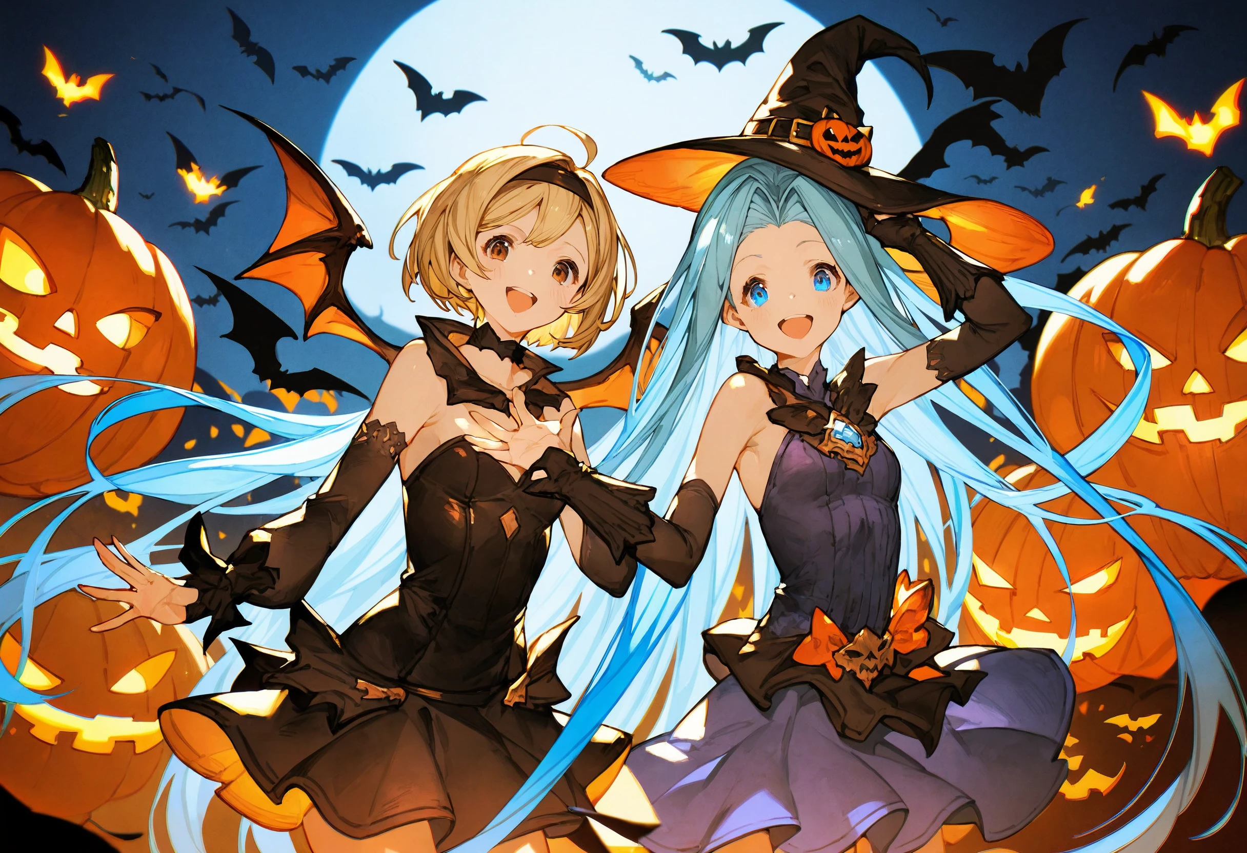 score_9, score_8_up, score_7_up,score_6_up, source_anime, best quality, aesthetic, absurdres, masterpiece, 
2girls, yuri, side-by-side, happy smile, halloween, halloween costume, happy halloween, official alternate costume, looking at viewer, 
BREAK
lyria \(granblue fantasy\), very long hair, blue hair, blue eyes,  small breasts, skinny, body_slim, 
BREAK
djeeta \(granblue fantasy\), short hair, blonde hair, brown eyes, medium breasts, 
BREAK
 <lora:JitaRuri-Pony:0.8> jitaruri, <lora:IshikePony:0.3>, (clear eyes:1.1), open hands,