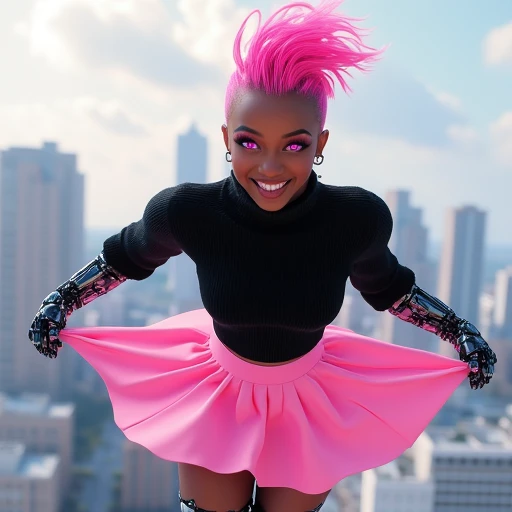 (masterpiece), best quality, expressive eyes, perfect face, Handheld shot of a 19-year-old humanoid female Black Hispanic cyborg with a robotic body, glowing pink eyes, dark brown skin, bashful smile, black sweater and short pink skirt, pink mohawk hairstyle, flying in the air above viewer, holding down skirt like Marilyn Monroe while floating in the air above a Florida city, bashful smile, full body visible, she has metallic limbs but a human body
