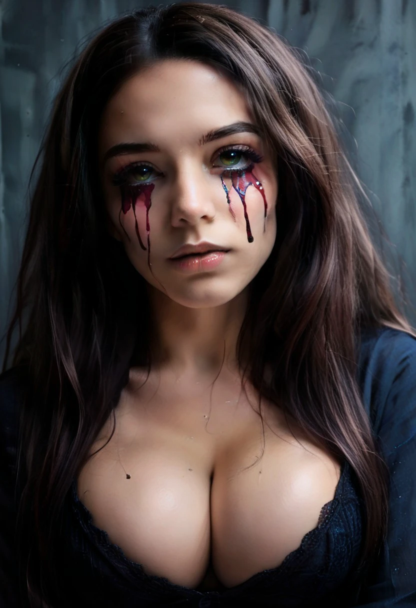 concept art, realistic, dark theme, low light. 1girl, solo, 18 years old.
Gorgeous sexy female. Beautiful feminine face, Long  hair. 
((TearsMakeUp)).
(Big breast:1.2), (Round breast:1.5).