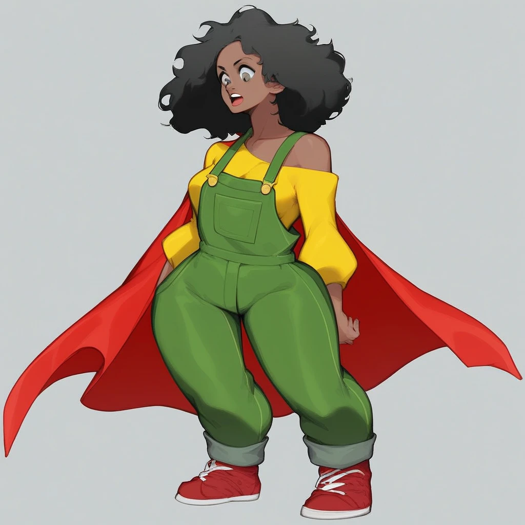 debra miller,1girl,solo,short hair,black hair,dark-skinned female,grey eyes,wide hips,medium breasts,off shoulder,red footwear, sneakers, yellow shirt, off-shoulder shirt, overalls,green overalls,red cape,full body,open mouth,looking down