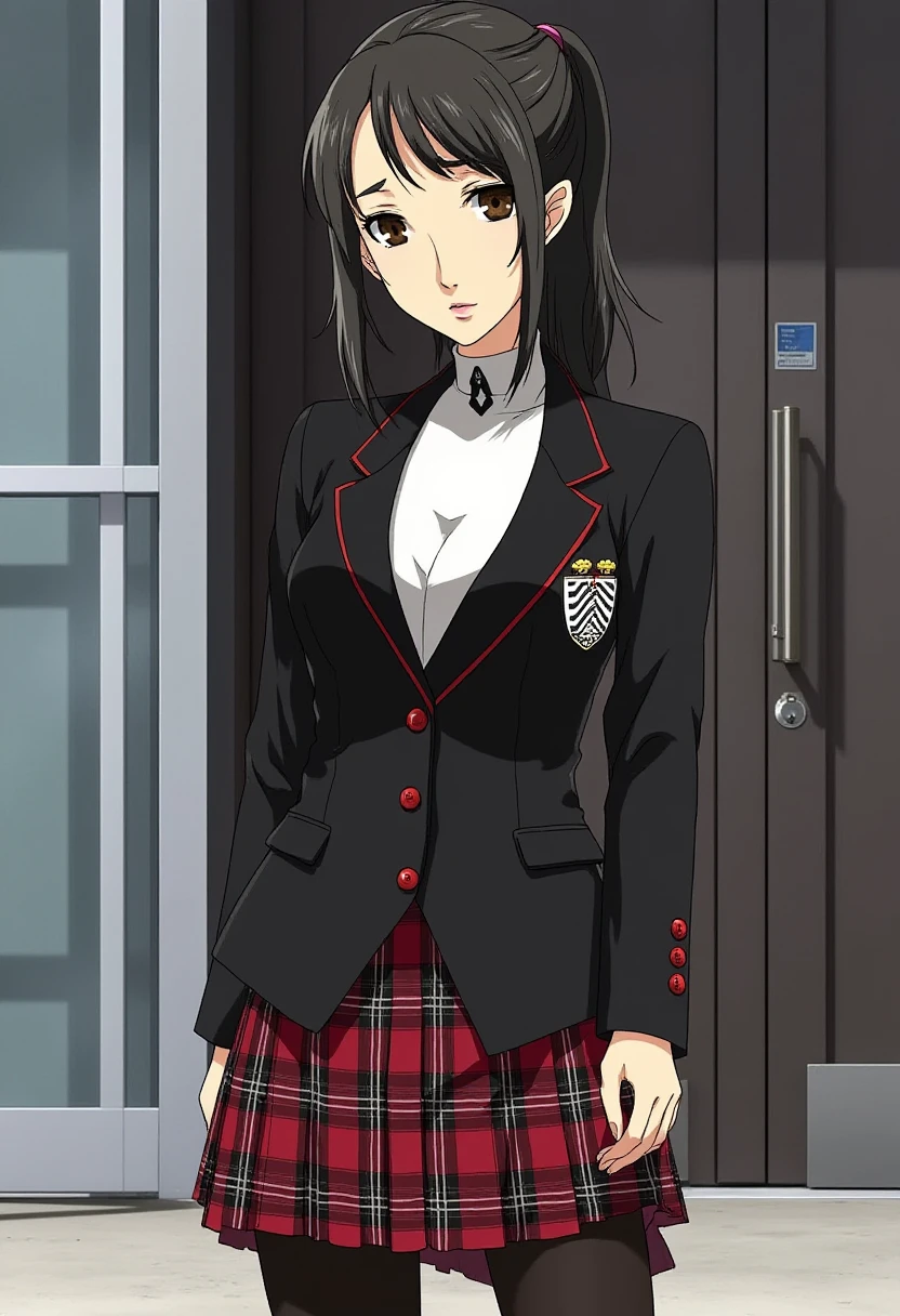 A detailed solo portrait of togo_hifumi
Anime style, sharp, high contrast and highly detailed.,
 <lora:persona5_shiho_suzui_flux_1_2-000012:1> shiho suzui
She is wearing a black blazer with red buttons down the front, adding a pop of color. It features a white emblem or crest on the left side of the chest. The lapel design is simple and structured. Beneath the blazer, there is a high-collared white undershirt with a small black ribbon at the neck, adding a touch of sophistication to the overall outfit. She wears a skirt of a pleated design with a black, red, and white plaid pattern. The skirt's length is moderate, typical of school uniforms, and the pattern complements the blazer. She is wearing black tights that cover the entire leg, creating a sleek, streamlined appearance. She then wears boots that are black, mid-calf height with a simple, solid design, matching the overall formal, sharp aesthetic of the uniform. full body, wide angle. She is standing in front of a high school entrance. Full body, wide angle.