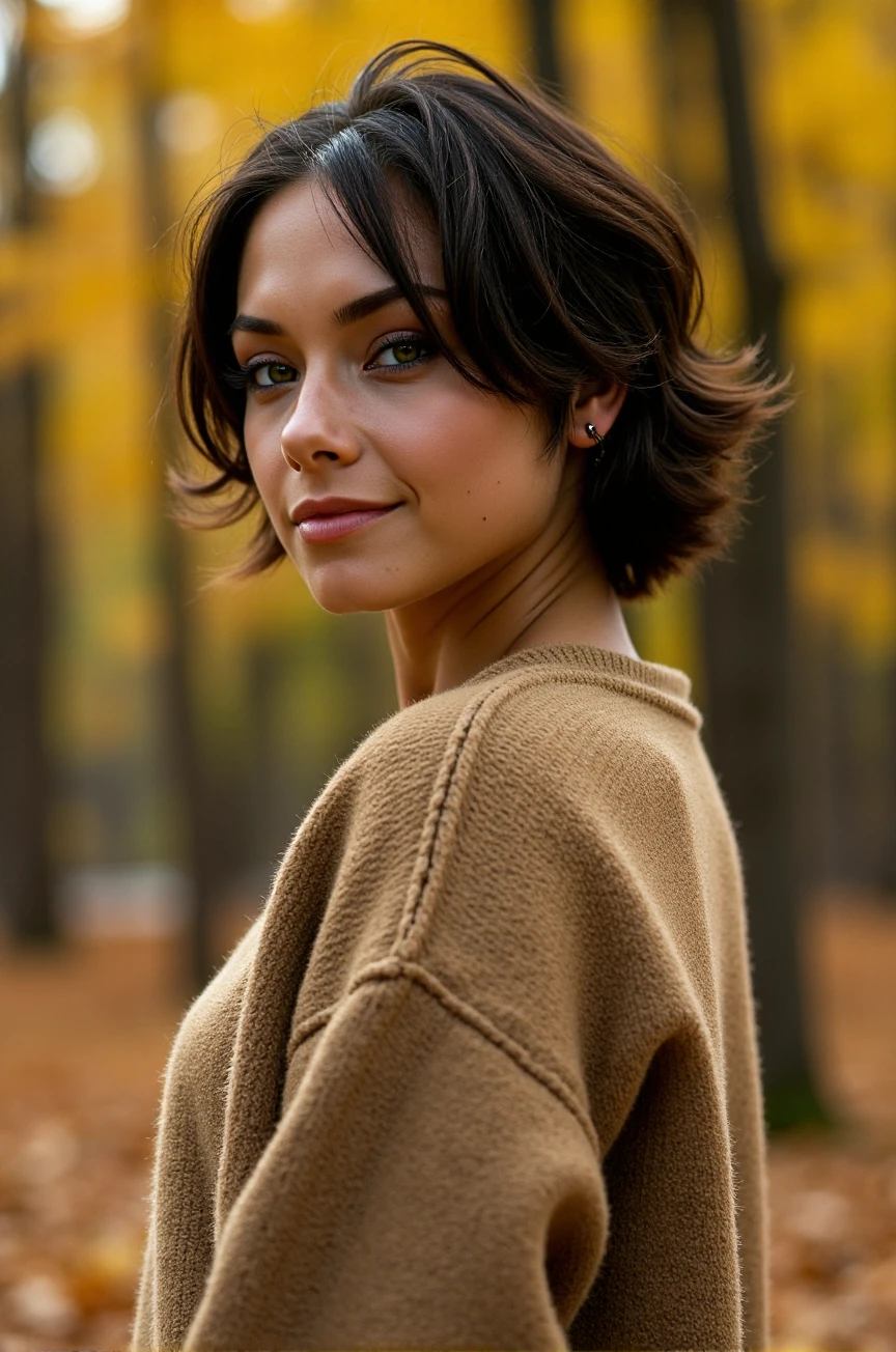 professional photography, 20yo woman wearing a wool sweatshirt for the cover photo of a fashion magazine, intricate details, in a forest with autum foliage, depth of field<lora:Pixie_Flux_Rapid:1.1>, detailed skin texture, (blush:0.5), (goosebumps:0.5), subsurface scattering