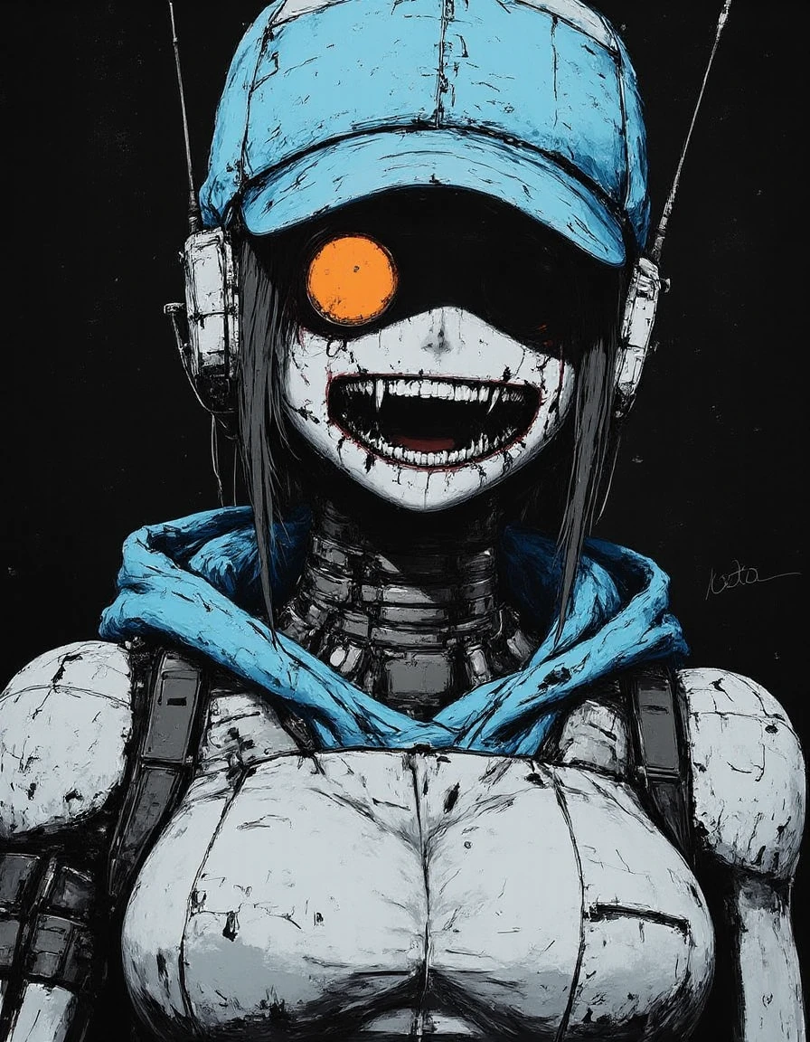 CyberpunkHorrorAnime, a humanoid robot with a blue cap and a blue hoodie, showcasing intricate mechanical details