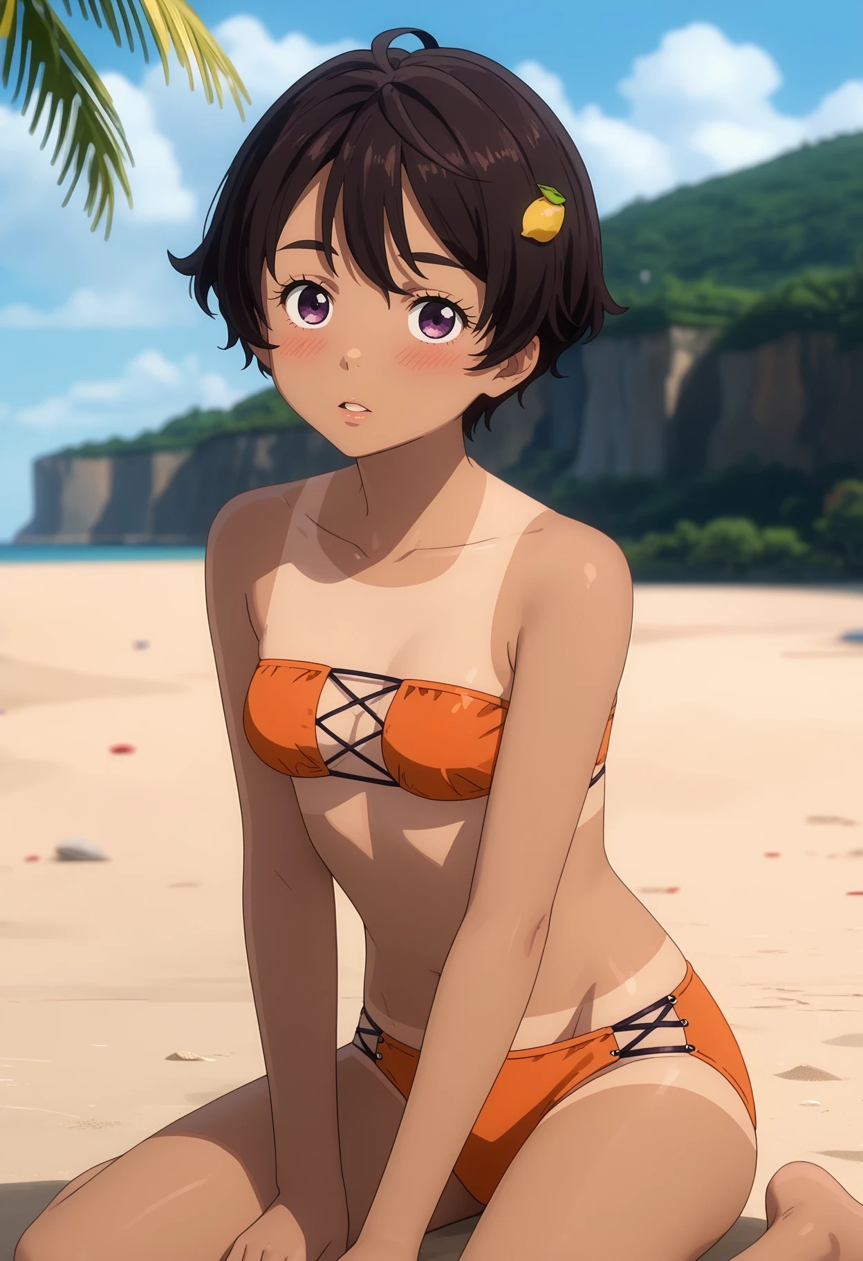 score_7_up, anime screencap,
<lora:MakeHeroinegaOosugiru_YakishioLemonXL:0.9>,
1girl, solo, parted lips, blush,
dark skin, short hair, brown hair, purple eyes, lemon hair ornament,
LemonBikini, tanlines, cross-laced bikini, strapless bikini, orange bikini, small breasts,
sitting, kneeling, looking at viewer,
blurry background, outdoors, beach, sunset, horizon, palm tree