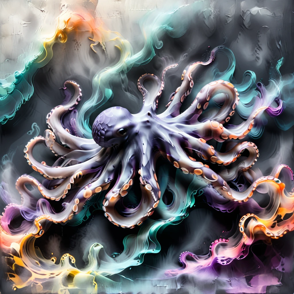 abstract animal print, octopus, smoke effects, chalk, satin, abstract style, Raised Texture, vibrant tones, wave pattern, foreground effect, shadow cast accents, spherical rotation, pitted texture, embossed finish  <lora:artfully_SPIRITUALFADE:0.9>,