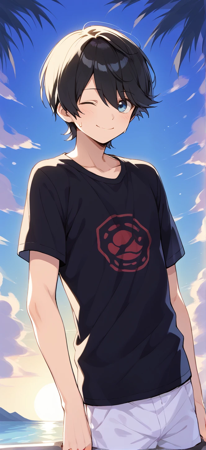 1boy,solo,male focus,black t-shirt,white shorts,sweatdrop,sun,midriff,horikawa_kunihiro,horikawa kunihiro,black hair,blue eyes,smile,one eye closed,arms behid head