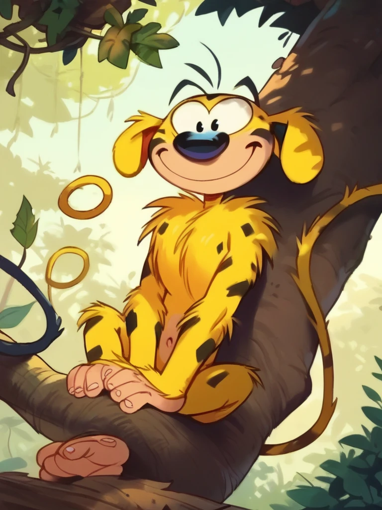 score_9, score_8_up, score_7_up, 1boy, sitting on a tree, vegetation, smile, cute, leafs, 
 <lora:AMarsupilami_character:1>,Marsupilami, yellow skin, monkey tail, black eyes, <lora:Bonifasco_PonyXL_v1:0.7>