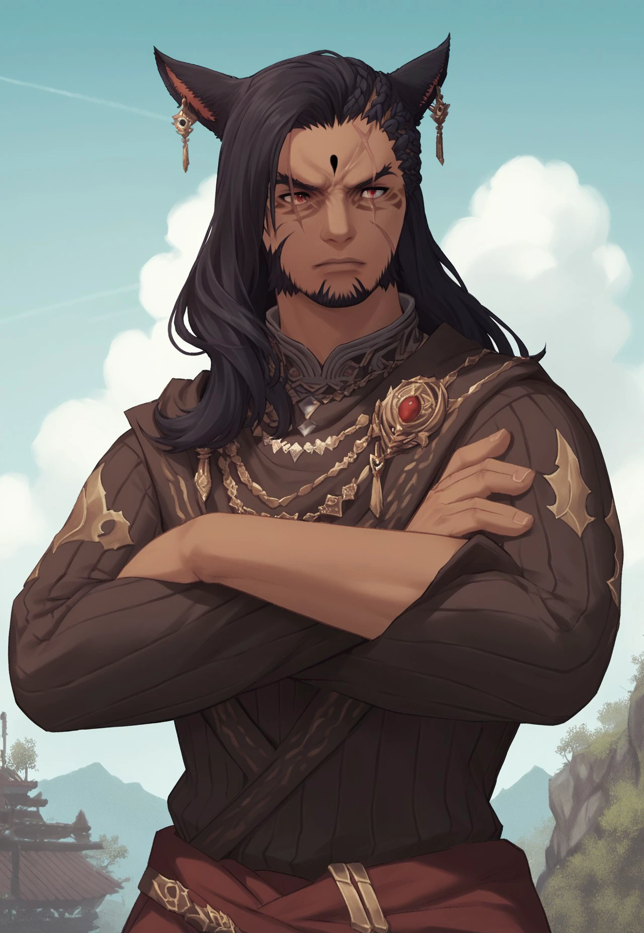 f4c32-miq0, 1boy, male focus, solo, solo focus, miqo'te, animal ears, scar, cat ears, red eyes, facial hair, crossed arms, long hair, facial mark, scar across eye, dark skin, scar on face, day, black hair, earrings, outdoors, sky, solo focus, jewelry, beard,  score_9, score_8_up, score_7_up, score_6_up, score_5_up, score_5_up, score_4_up