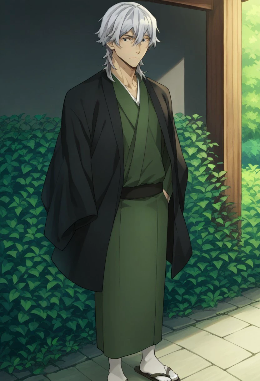 score_9, score_8_up, score_7_up, source_anime, highly detailed, 

yukichi, 1boy, male focus, solo, grey hair, hair between eyes, grey eyes, japanese clothes, kimono, green kimono, haori,  tabi, sandals, stand, arms at sides

outdoor,