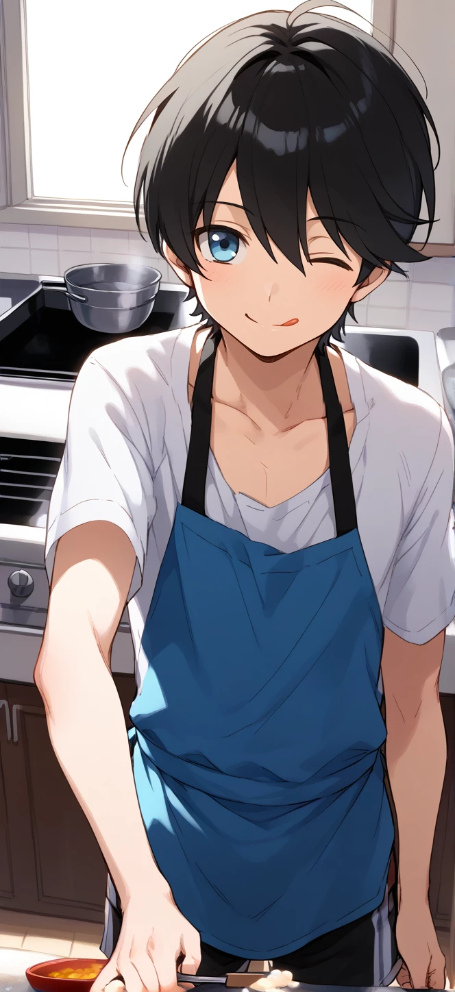 1boy,solo,male focus,horikawa_kunihiro,horikawa kunihiro,black hair,blue eyes,smile,kitchen,apron,t-shirt,shorts,cooking,POV,one eye closed,tongue out