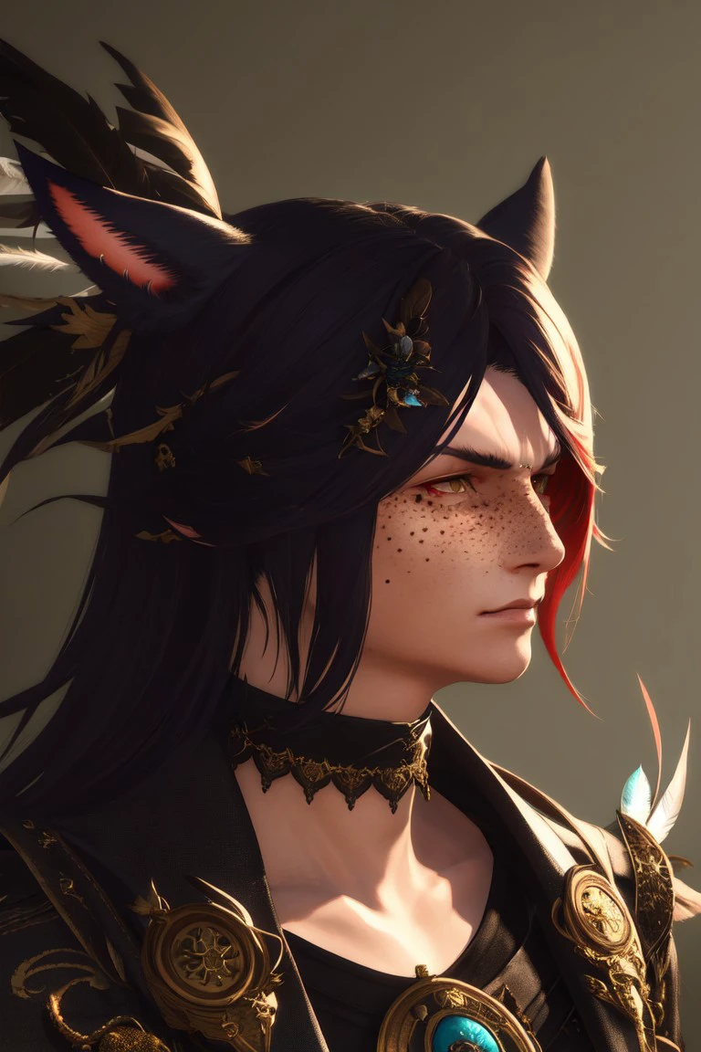 f4c32-miq0, solo, 1boy, male focucs, animal ears, miqo'te, freckles, cat ears, portrait, choker, hair ornament,  long hair, bangs, feathers, cinematic lighting, cinematic angle, best quality, masterpiece