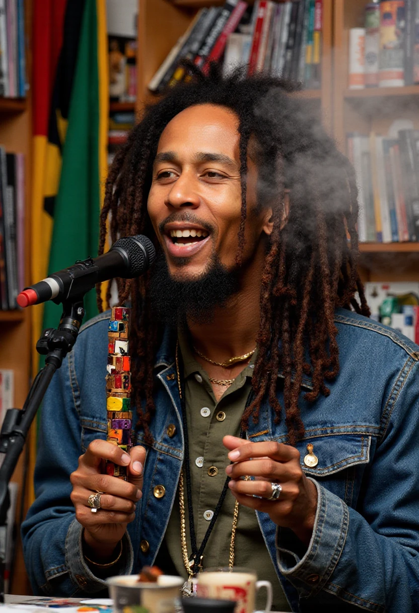 NPR Tiny Desk studio, t1nyd3sk picture of Bob Marley singing into a microphone at t1nyd3sk, holding a colorful wood pipe in his hand, there is smoke in the air whith creates a hazy camera effect, there is a rasta flag behind him, he is wearing a denim jacket