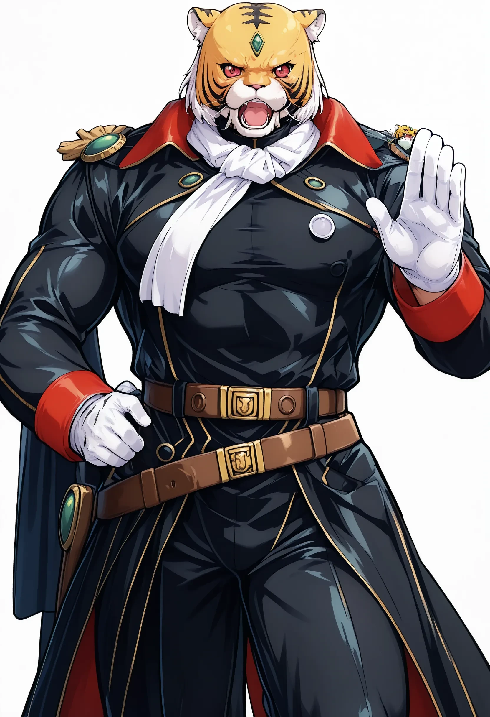 1boy, Tiger Joe, forehead green jewel, red eyes, white ascot, cloak, black jacket, white gloves, belt, black pants, brown boots, angry, big muscular male, 
standing, cowboy shot, looking at viewer, waving arm, (white background, solo, solo focus:1.5), 
masterpiece, best quality, absurdres, high resolution, 8k, official art, official style, source_anime, uncensored, anime screencap, anime coloring, newest, (ai-generated:0.6), 
<lora:OY-Tiger_Joe_XL(ill)v10:1> <lora:LECO-white_background_XL(ill)v10:-10>