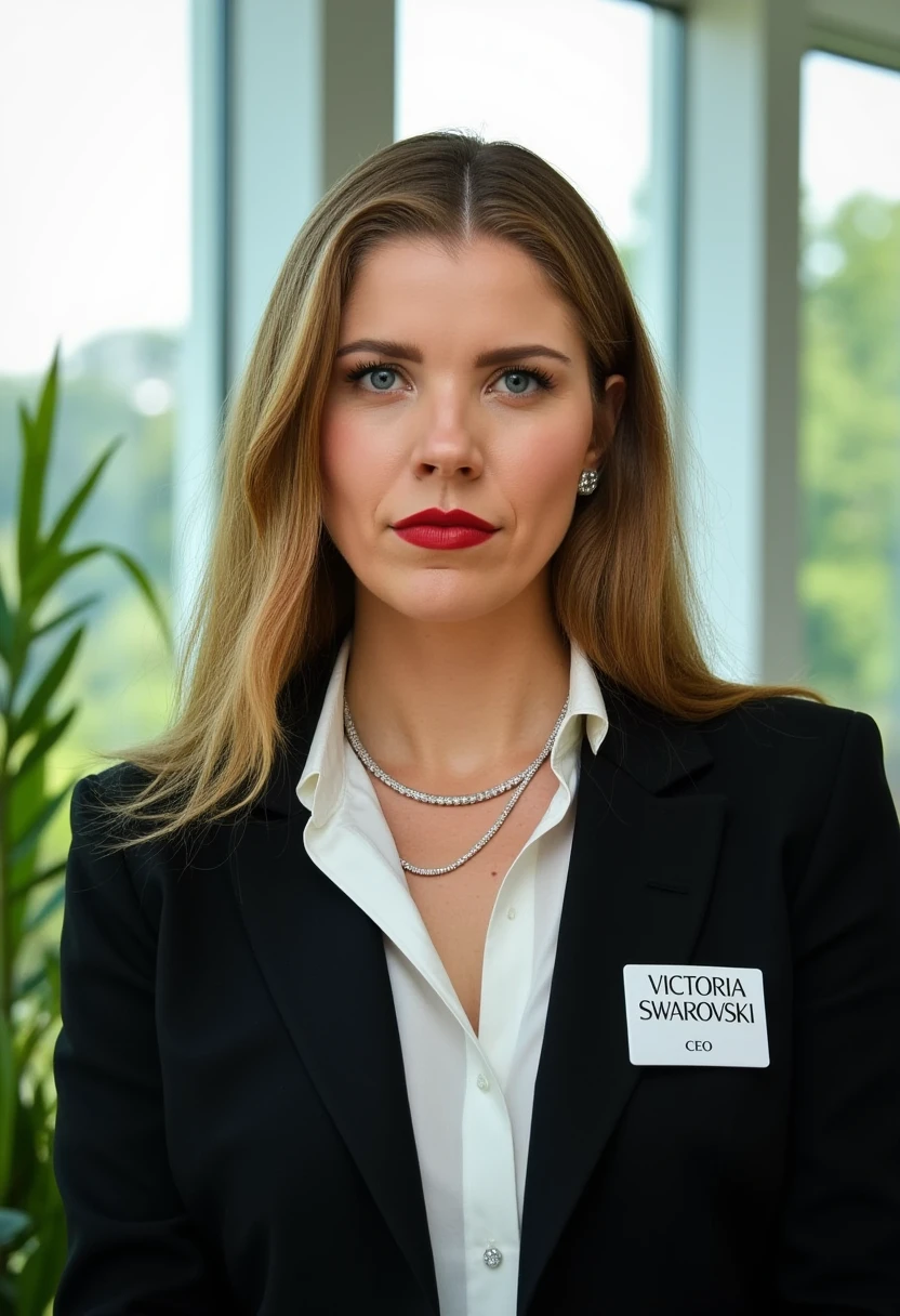 A portrait photo of victoriaswarovski, a woman. She is looking straight at the viewer with a serious and neutral expression on her face. She is wearing red lipstick. Her eyebrows are drawn down. Her mouth is closed, her lips are pressed together. She is wearing a professional white shirt and a black business suit. She is wearing a swarovski diamond necklace. A simple ID badge with black bold text "Victoria Swarovski" and smaller title "CEO" is pinned to the suit jacket. The background is blurry and shows a modern office with house plants. Sunlight is shining through large windows.