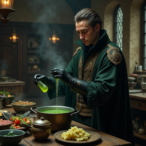 an image of a gentleman of the assassin's guild pouring a glass vial of green liquid into a soup saucepan in a medieval kitchen