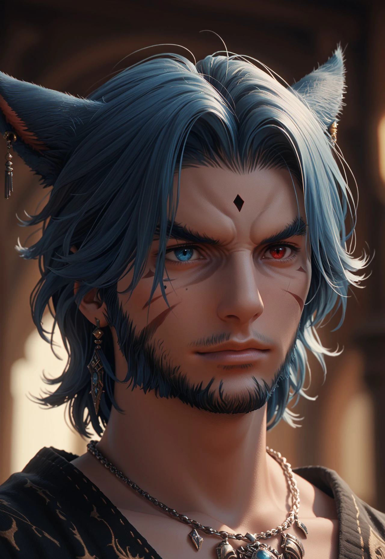 f4c32-miq0, miqo'te, 1boy, animal ears, male focus, solo, blue hair, heterochromia, jewelry, red eyes, facial mark, facial hair, cat ears, earrings, blue eyes, necklace, beard, portrait, cinematic lighting, cinematic angle,,score_9, score_8_up, score_7_up, score_6_up, score_5_up, score_5_up, score_4_up