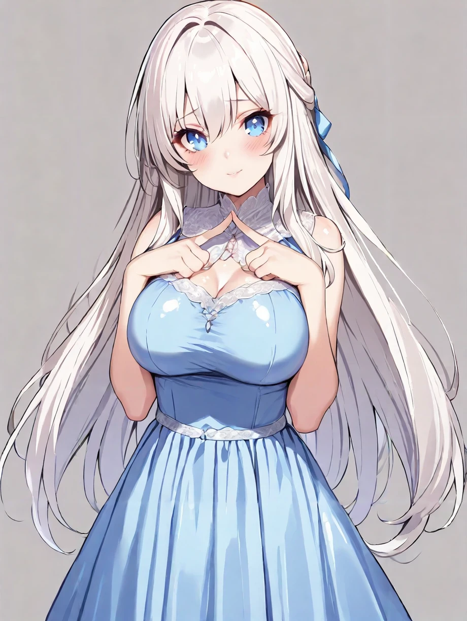 masterpiece,ultra-detailed,best quality,16K,illustration,cute face,clean skin ,shiny hair,girl,large breasts,ultra-detailed-eyes,simple background,white hair, blue eyes,blue dress <lora:index fingers together_illustrious_V1.0:1> index fingers together, blush