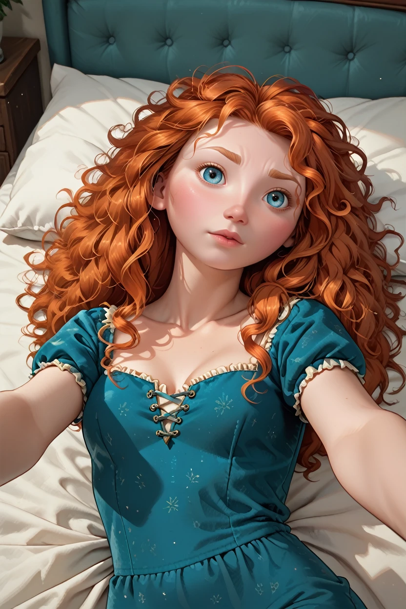 score_9, score_8_up, score_7_up, score_6_up
<lora:DisneyMerida:0.8>
DisneyMerida, 1girl, red hair, long hair, looking at viewer, lying on bed, selfie, blushing, cowboy shot