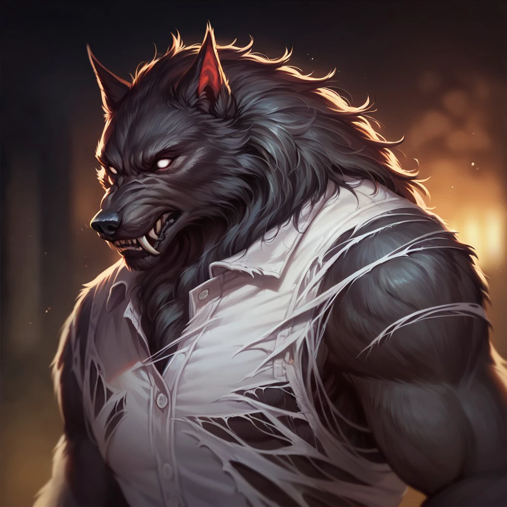 (((detailed, beautiful, high quality))), score_9, score_8_up, score_7_up, upper body, 
werewolf, furry wolf, fangs, tail,
1 male, black fur, white eyes, torn white shirt, torn clothes,
blurred background, fantasy background, rustic background, dark background,