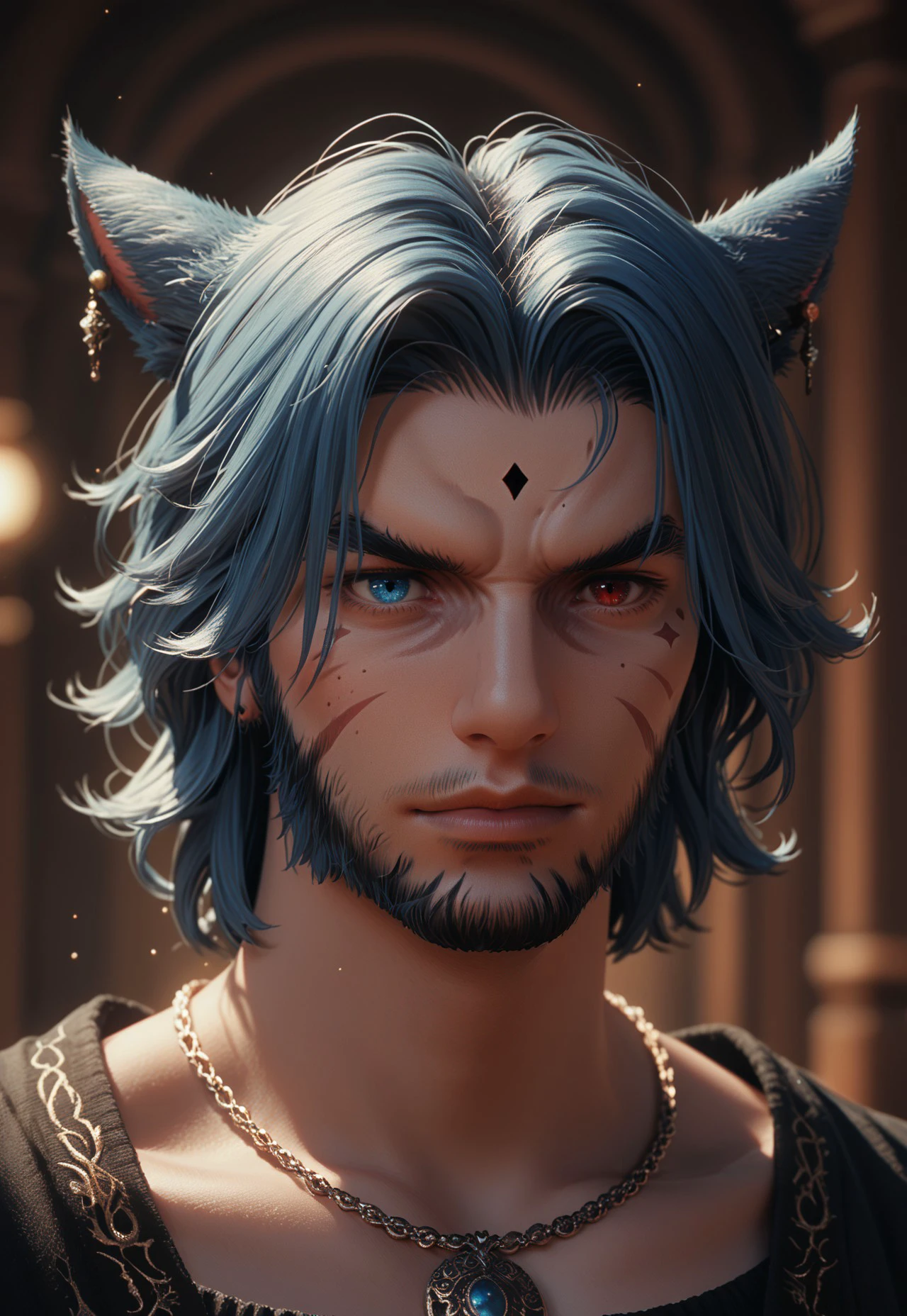 f4c32-miq0, miqo'te, 1boy, animal ears, male focus, solo, blue hair, heterochromia, jewelry, red eyes, facial mark, facial hair, cat ears, earrings, blue eyes, necklace, beard, portrait, cinematic lighting, cinematic angle,,score_9, score_8_up, score_7_up, score_6_up, score_5_up, score_5_up, score_4_up