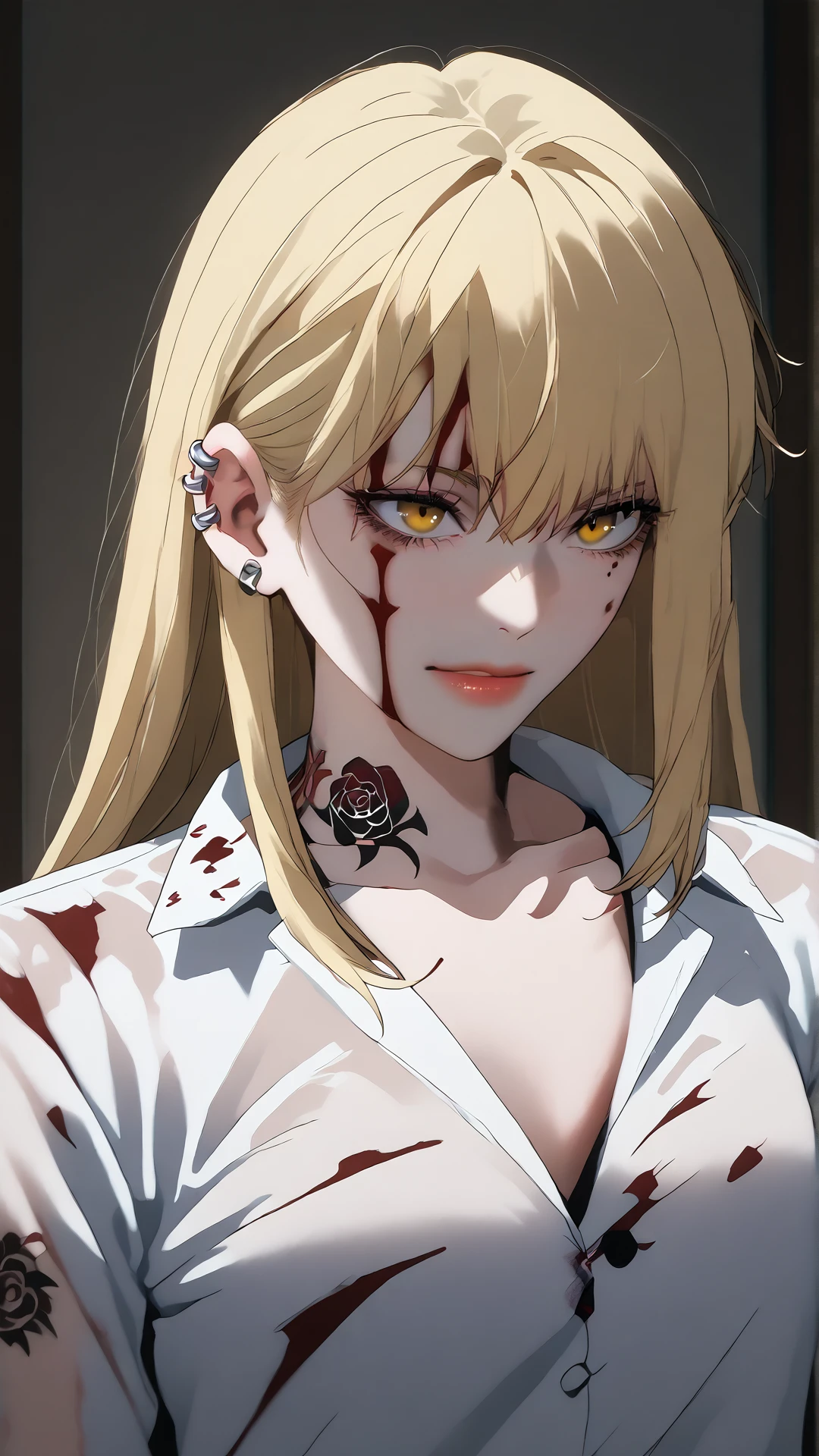 2d, mfant, (zPDXL2), (((cowboy shot))), dynamic pose, dynamic angle, sehele style, webtoon, anime, centered, solo, 1girl, 1woman, guideau, collarbone, blonde hair, blood, solo, piercing, jewelry, earrings, long hair, ear piercing, dark red rose tattoo on neck, yellow eyes, indoors, room background, <lora:sd_xl_dpo_lora_v1:1>, <lora:OMG-Is-DucHaiten_v1.0:0.1>, <lora:Seunghee_Lee_Style_PDXL:0.4>, <lora:Manhwa_Pony:1>, <lora:Guideau_PonyXL:0.7>