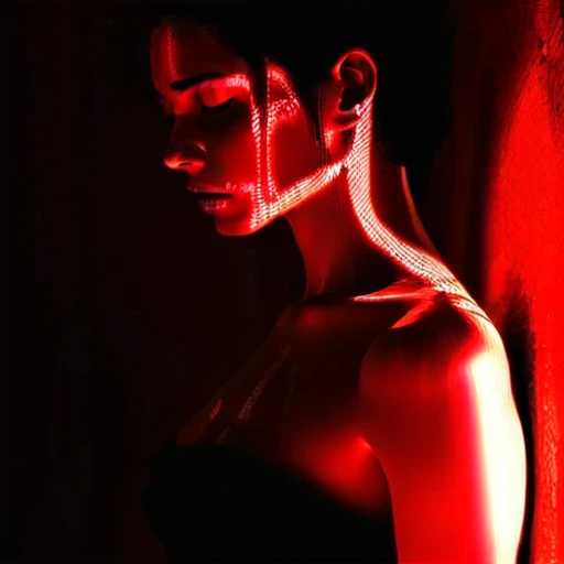 moody-dark, 1girl, solo, closed eyes, red theme, bare shoulders, upper body, shadow, closed mouth, profile, from side, short hair, closeup shot, tri-tone-background, silhouette, breasts, woman, face