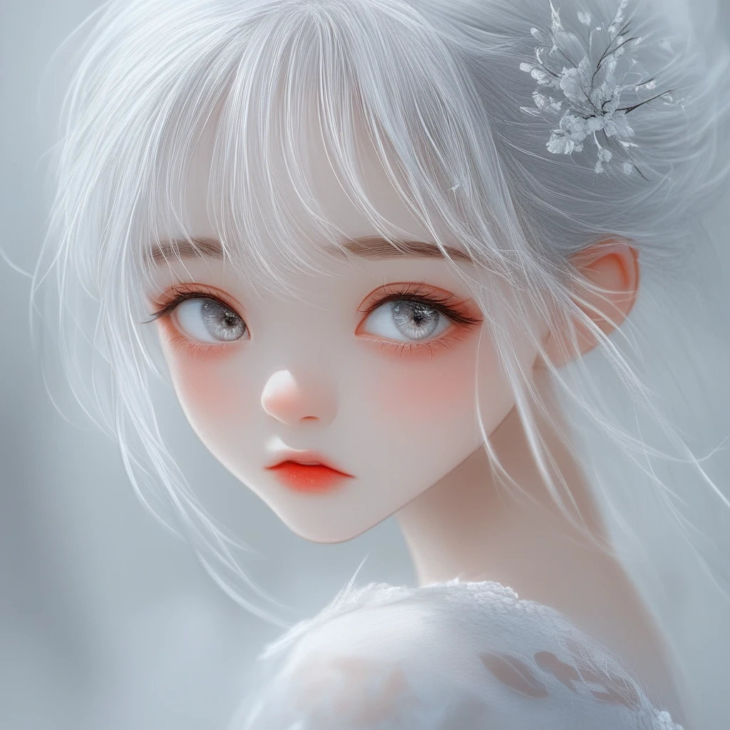 Argentamb, 1girl, solo, white dress, white hair, grey eyes, hair ornament,