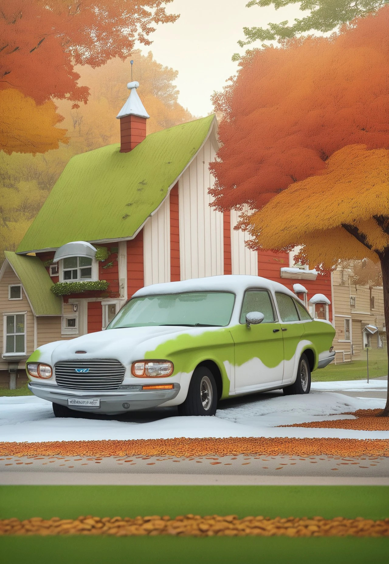 m1dw3st, charming (white painted house:1.3) with (green paint trimming:1.2) on a cozy (suburban street:1.1), surrounded by (colorful autumn leaves:1.4) scattered, (car parked on lawn) A classic (1972 Ford Futura:1.3) is parked on the grass, with (small dabs of snow:1.2) hinting at the season. Highlight the (extreme detail:1.5) in the house's features and the nostalgic atmosphere, inspired by the works of (Andrew Wyeth:1.4) and (David Hockney:1.3), score_9, score_8_up, score_7_up, score_6_up, score_5_up, score_5_up, score_4_up