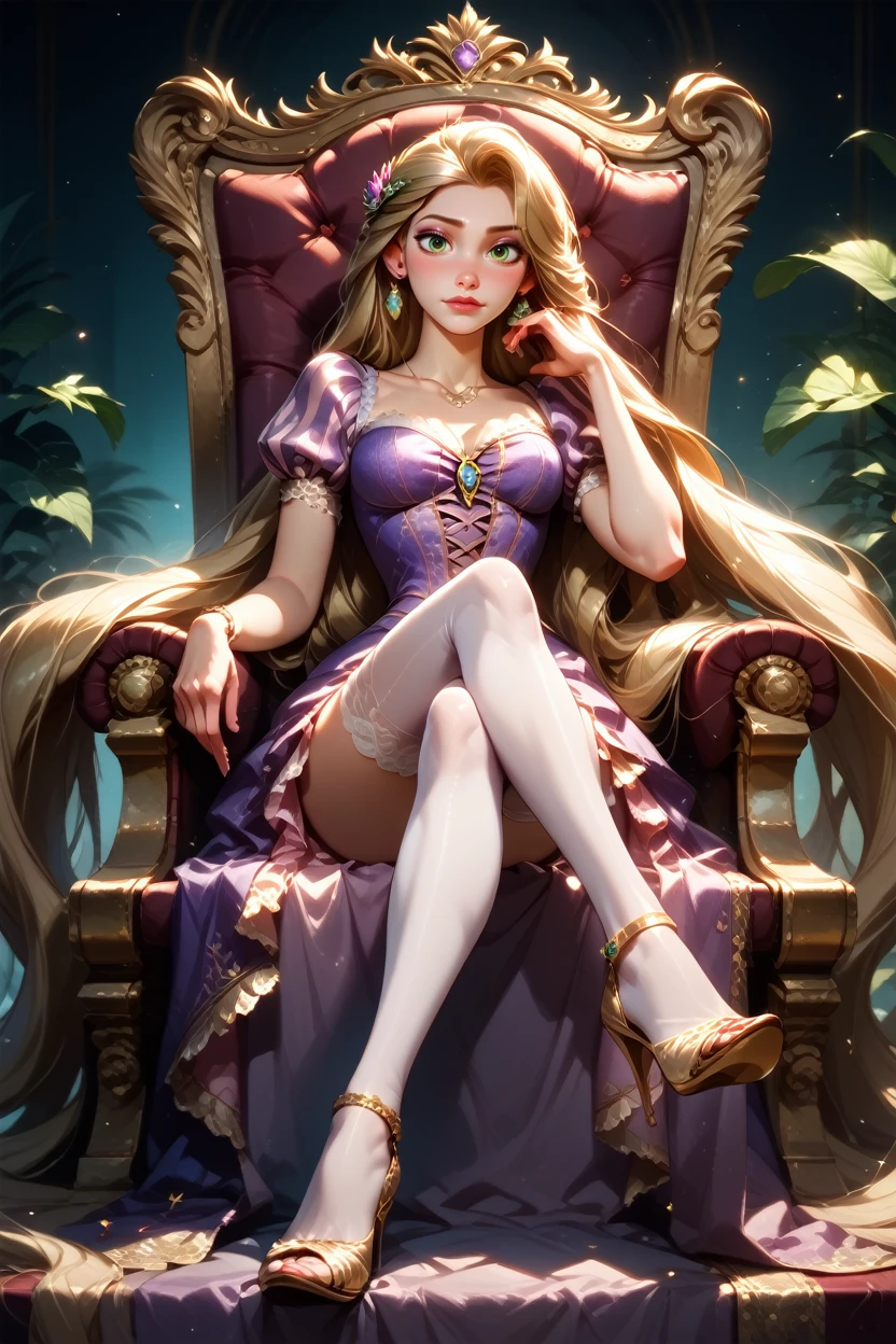 score_9, score_8_up, score_7_up, score_6_up
<lora:DisneyRapunzel:0.8>
DisneyRapunzel, 1girl, blonde hair, green eyes, very long hair, looking at viewer, sitting on a throne, legs crossed, thigh highs, high heels, dress, jewelry