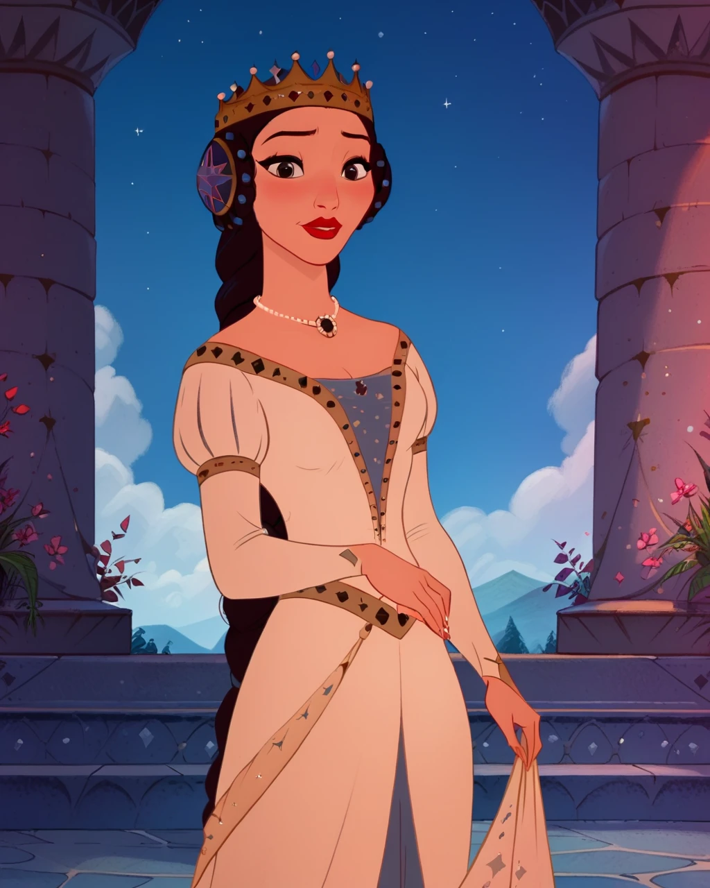 <lora:Queen AmayaPDXL_v1:1>Queen AmayaPDXL, 1girl, solo, dress, crown, jewelry, standing, necklace, <lora:Expressive_H:0.8> Expressive_H<lora:J_cartoon:0.8>j_cartoon<lora:Disney_Renaissance:0.8> retro artstyle, 1990s (style), 1980s (style) score_9, score_8_up, score_7_up,