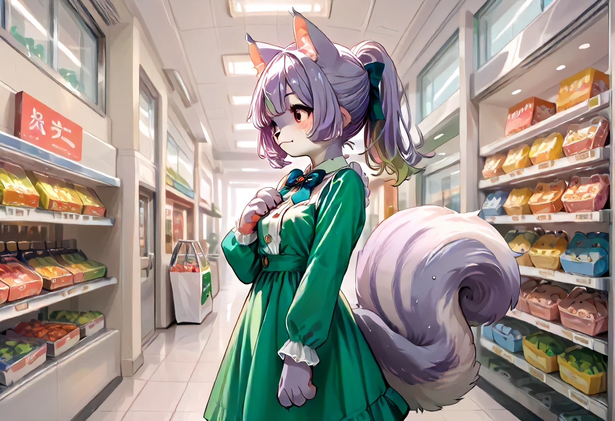 score_9,score_8_up,score_7_up,score_6_up, source_anime,2D, 1girl, solo, blush,paws on breast, Mauveko, outdoor,city,shopping mall,green dress, long sleeve,light beam,side view, <lora:my_OC_No.01_Mauvekoã¢ã³:1>