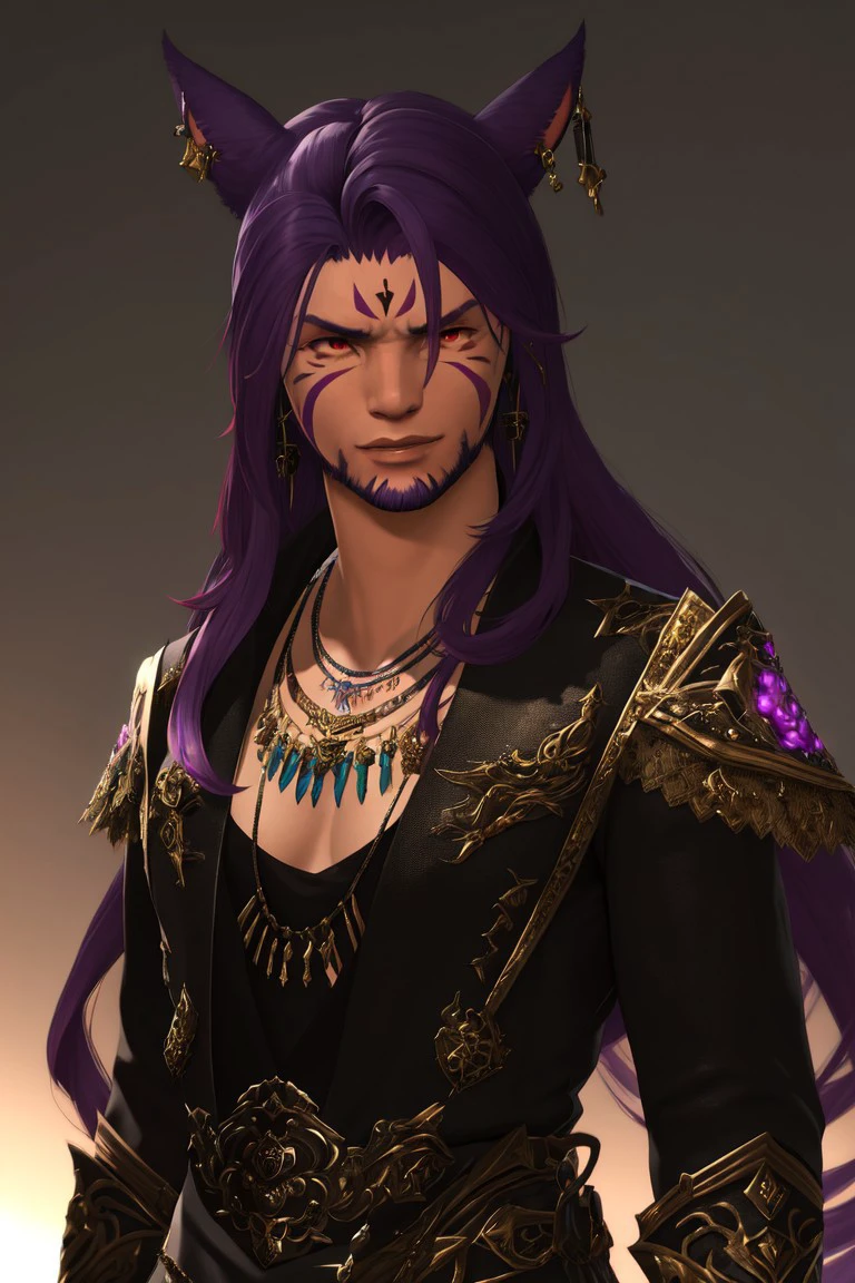 f4c32-miq0, animal ears, jewelry, miqo'te, solo, long hair, necklace, earrings, red eyes, tattoo, dark skin, male focus, cat ears, 1boy, purple hair, facial mark, facial hair, upper body, cinematic lighting, cinematic angle, best quality, masterpiece