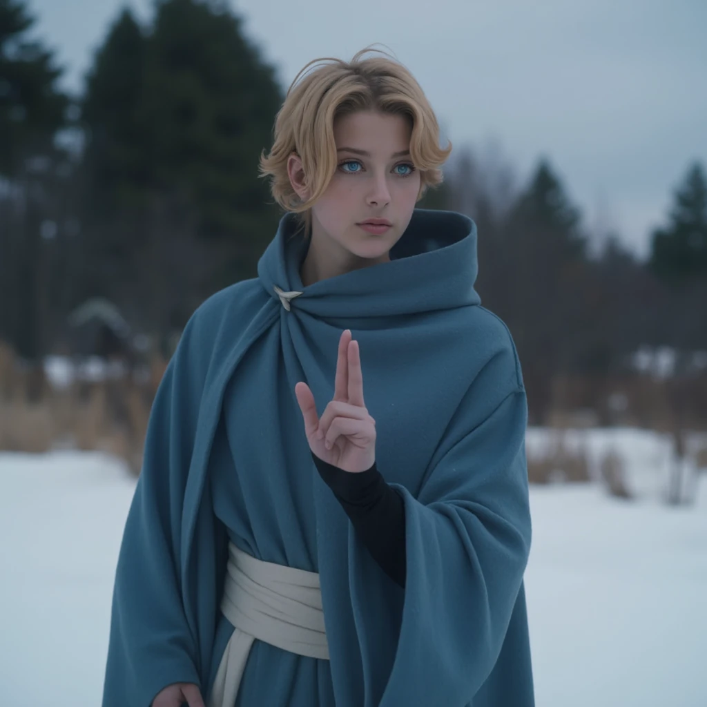 film scene from Denis Villeneuve. Cinematography. moody atmosphere
a gorgeous 25 year old bombshell female Sypha Belnades, sypha,Sypha Belnades,orange hair,short hair,blue robe,autumn, outside,gesturing,casting ice magic, casting ice spell,windy, off white waist wrap, action, blue eyes, alone <lora:sypha_v5:1.2>